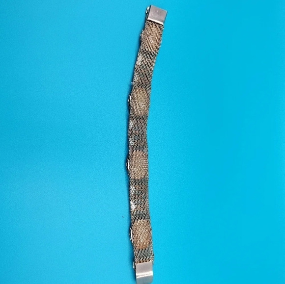 Gorgeous Vintage Goldtone Black Brown Stone Buckle Bracelet Slide Closure Mesh - Picture 4 of 6